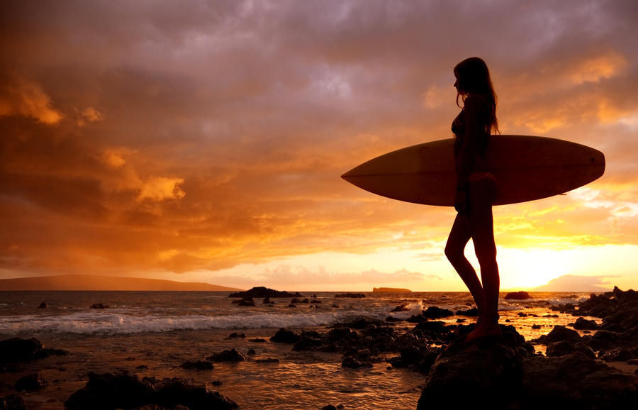 Hawaii Maui Makena Silhouette Of Surfer Girl At Sunset