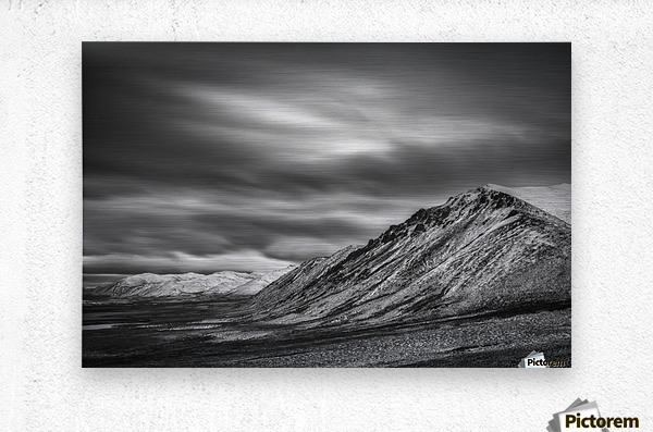 Brushed metal print black and white long exposure of clouds over the cloudy range along the dempster highway Brushed metal print black and white long exposure of clouds over the cloudy range along the dempster highway