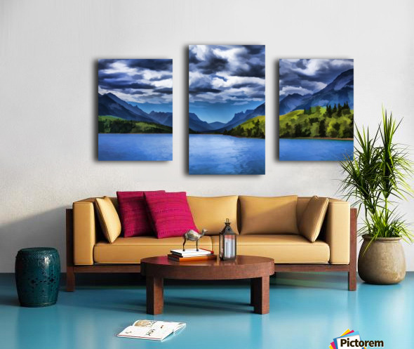 painting of a lake and mountains in waterton lakes national park