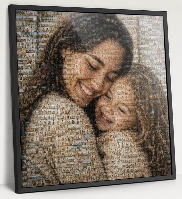 Photo mosaic wall art displayed in a living room