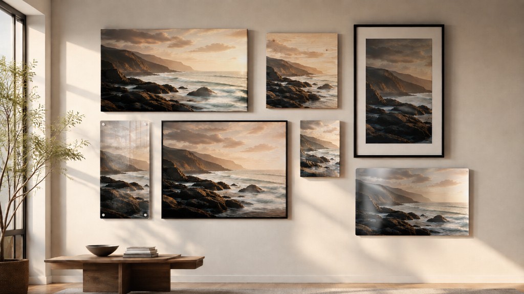 One coastal photograph hung as seven different products: a gallery-wrapped canvas, a wood print, framed prints with mats, an acrylic panel and a metal print.
