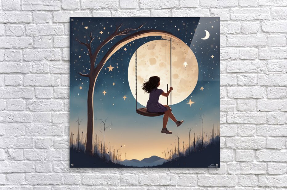 A girl swings on a swing hanging from a crescent moon. The sky is