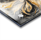 A swirling abstract floral composition painted in vibrant watercolor tones of gold and deep charcoal. The flower-like form bursts with movement featuring delicate tendrils and splashes of shimmering pigment. Points of light flicker throughout the dark bac Acrylic print