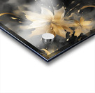 A swirling abstract floral composition painted in vibrant watercolor tones of gold and deep charcoal. The flower-like form bursts with movement featuring delicate tendrils and splashes of shimmering pigment. Points of light flicker throughout the dark bac Acrylic print