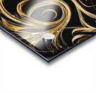 A swirling abstract design featuring vibrant golden and dark black elements creating a dynamic flower-like shape. Delicate elongated tendrils extend outward interspersed with bright shimmering points of light against a dark background conveying a sense... Acrylic print