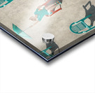 Young blonde woman holding up a turquoise umbrella on a beach sitting through many red and teal chairs in the sand on a sunny day Acrylic print