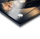 Old sailing ship captain weathered face looking at his old brass compass night time with ruff sea behind him Acrylic print