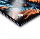Blue dragon head with orange eyes with flames on the background Acrylic print
