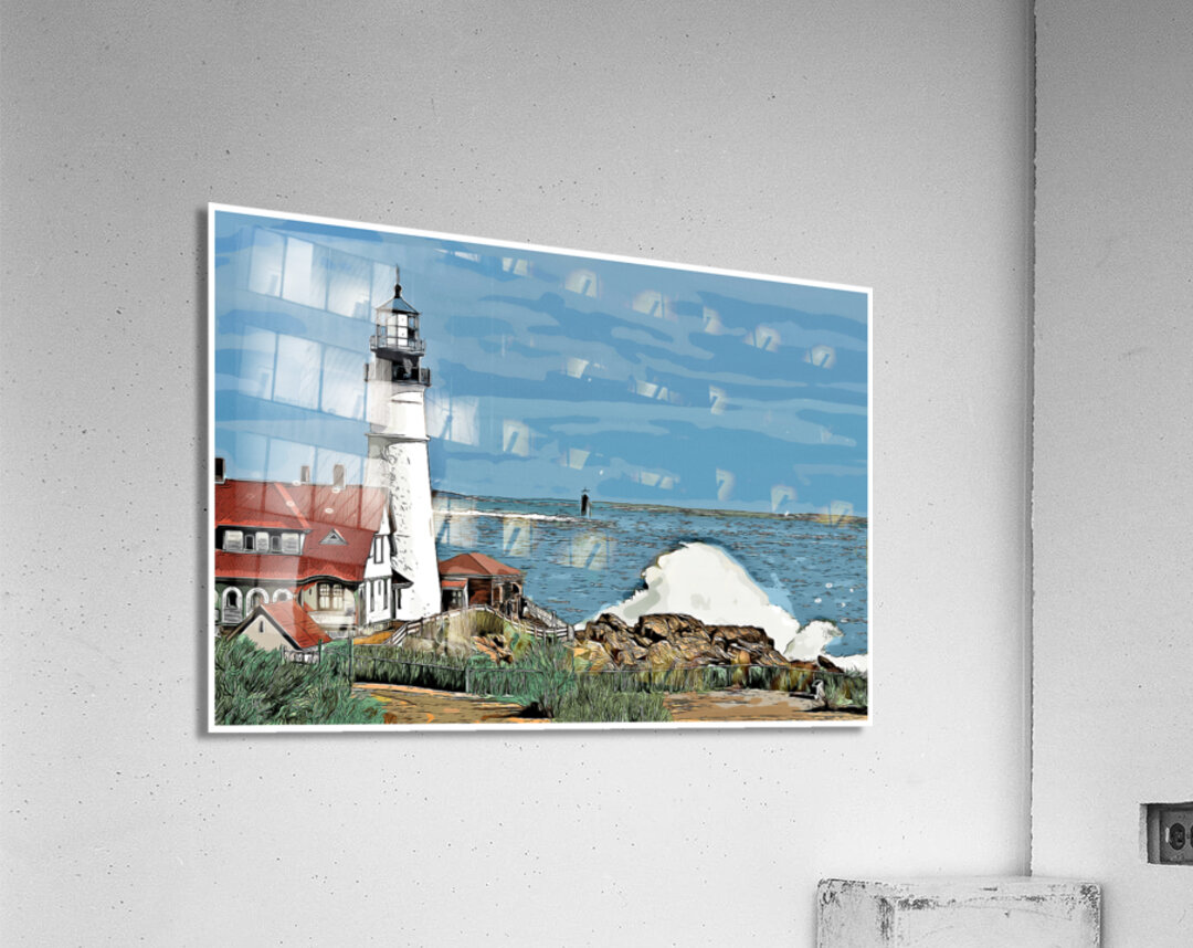 Waves Crash By Portland Head Light as Sun Breaks Through Clouds  - Illus. Acrylic Print