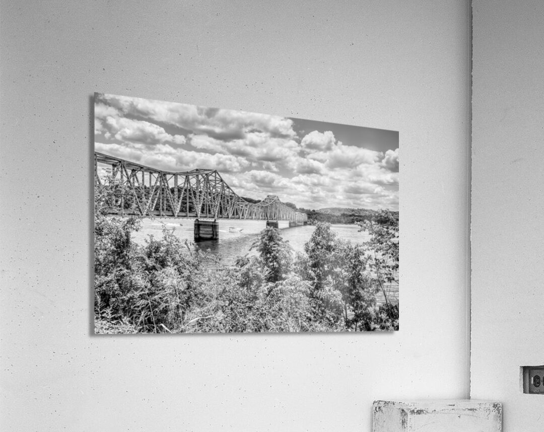Boats Under Kimberling City Bridge Grayscale Acrylic Print