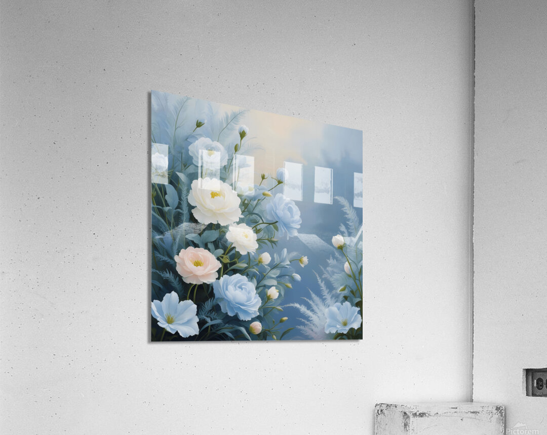 A celestial painting featuring blue and white flowers in soft pastel tones adding tranquility and beauty to your decor. Generative Al Acrylic Print