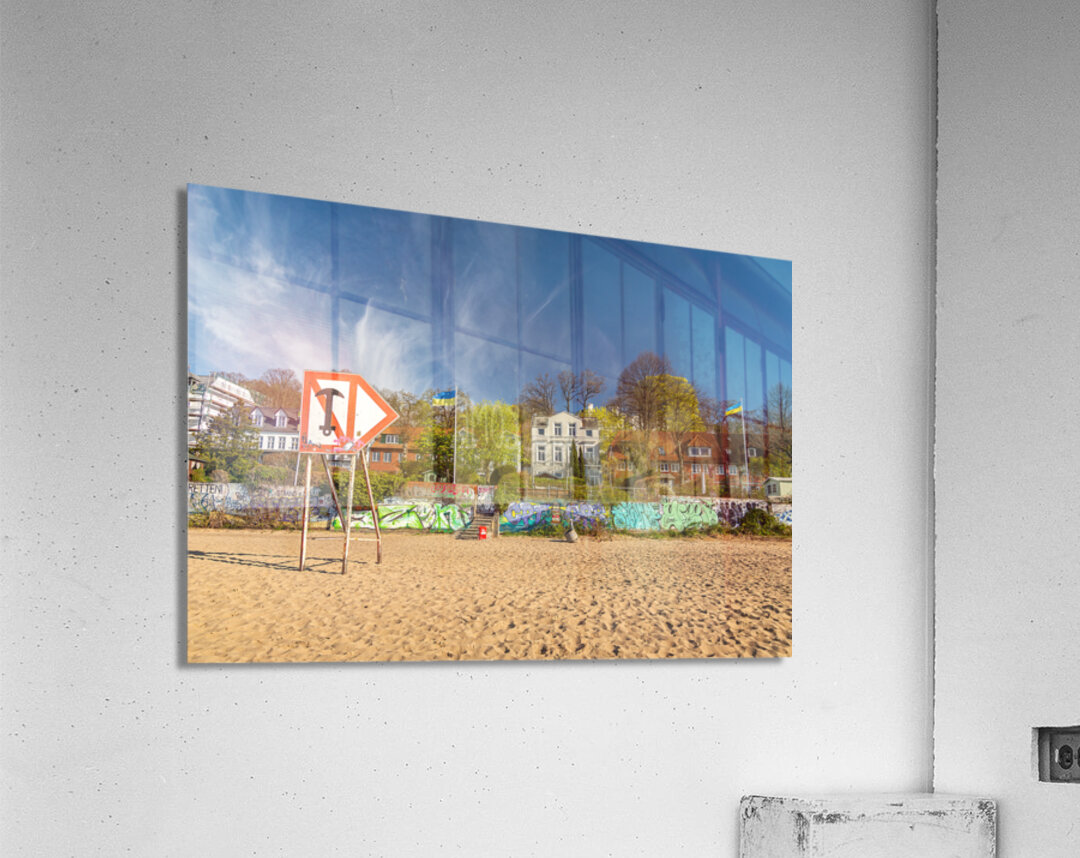 Typical houses at the waterfront and city beach at the Elbe River in Hamburg Germany  Acrylic Print