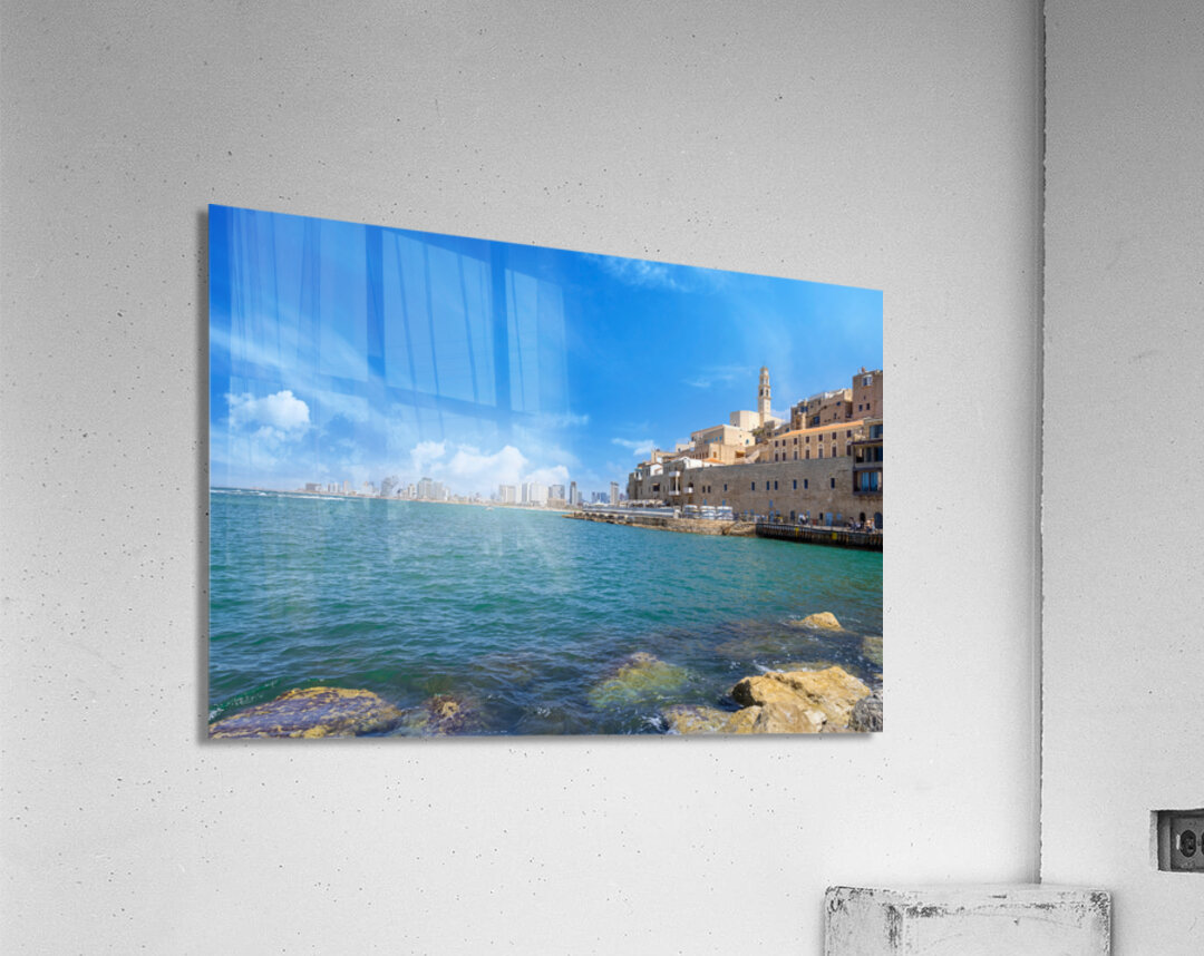Israel view of Tel Aviv shore sea shoreline and Namal Yafo historic Old Jaffa port Acrylic Print