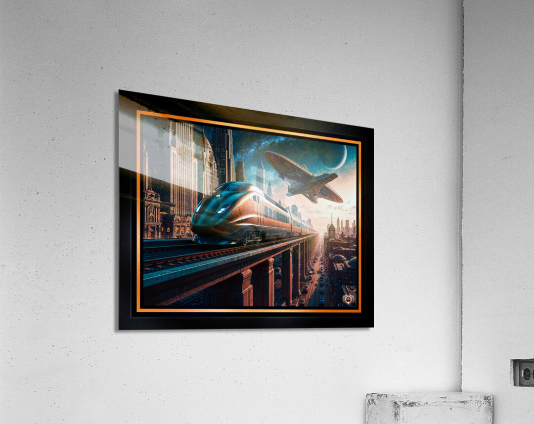 Retro-Futurism Cityscape With High Speed Train And Hovering Spacecraft Awe-Inspiring AI Concept Art by Xzendor7 Acrylic Print