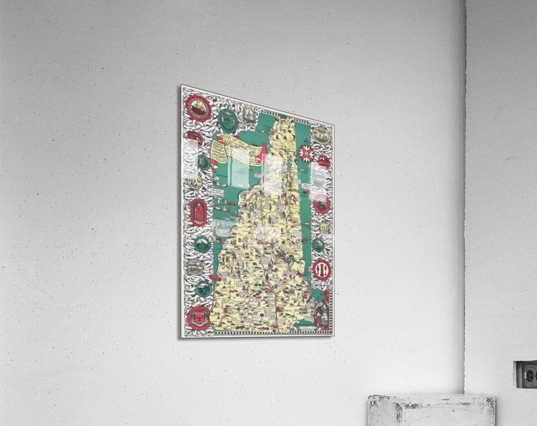 1926 Pictorial Map of New Hampshire – Whimsical and Informative Illustration Featuring Towns Landmarks Mountains and Local Folklore in a Classic New England Decorative Style Acrylic Print