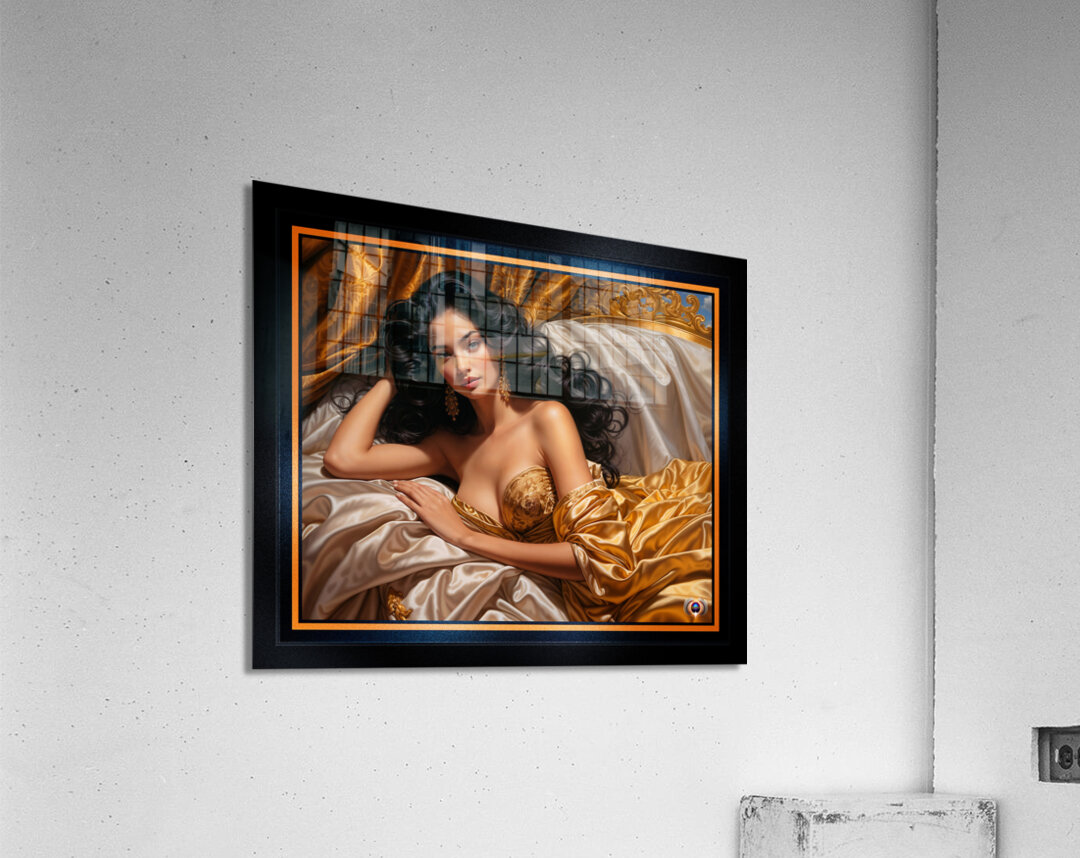 A Mesmerizing Raven-Haired Beauty Reclining In Satin And Golden Luxury AI Concept Art by Xzendor7 Acrylic Print
