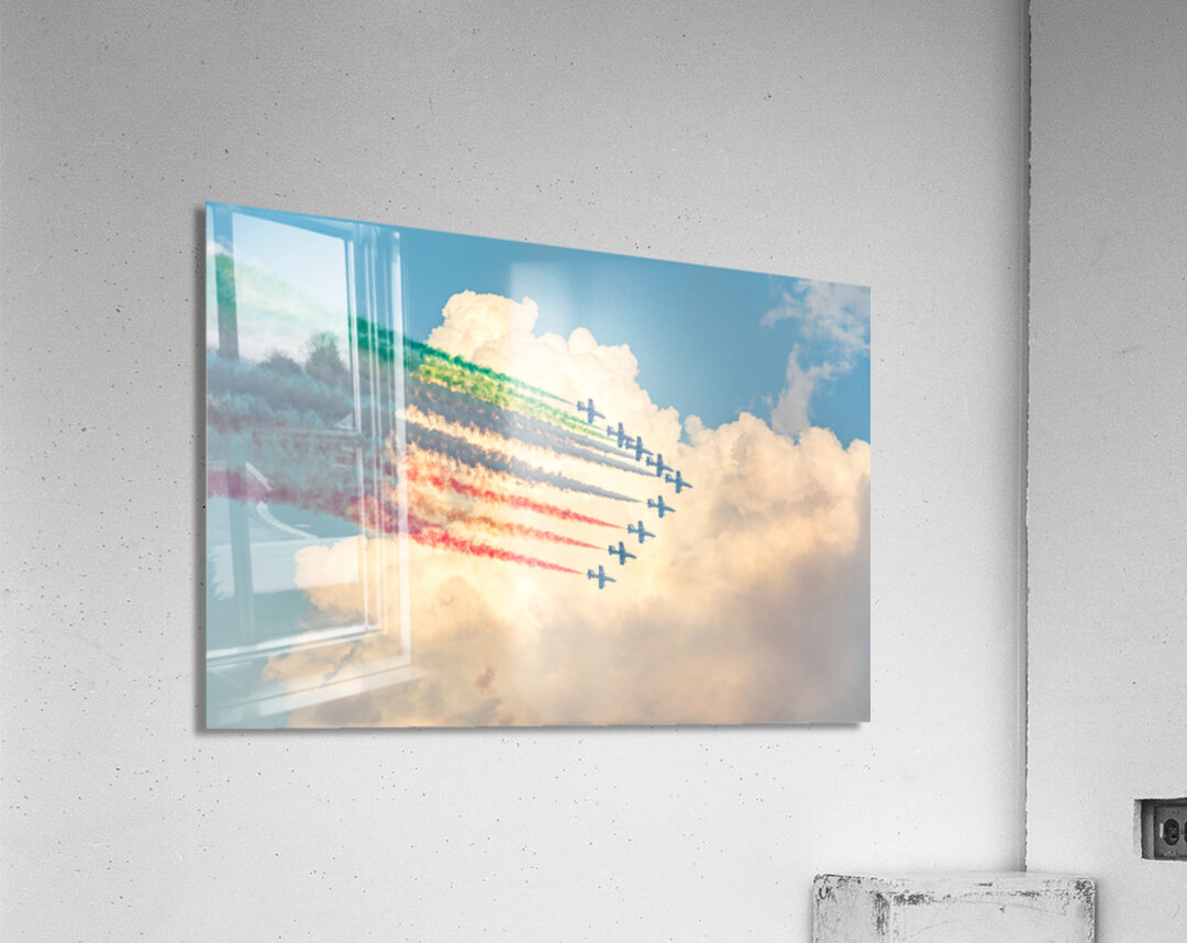 Fighter jets performing airshow with colorful exhaust streams in scenic clouds Acrylic Print