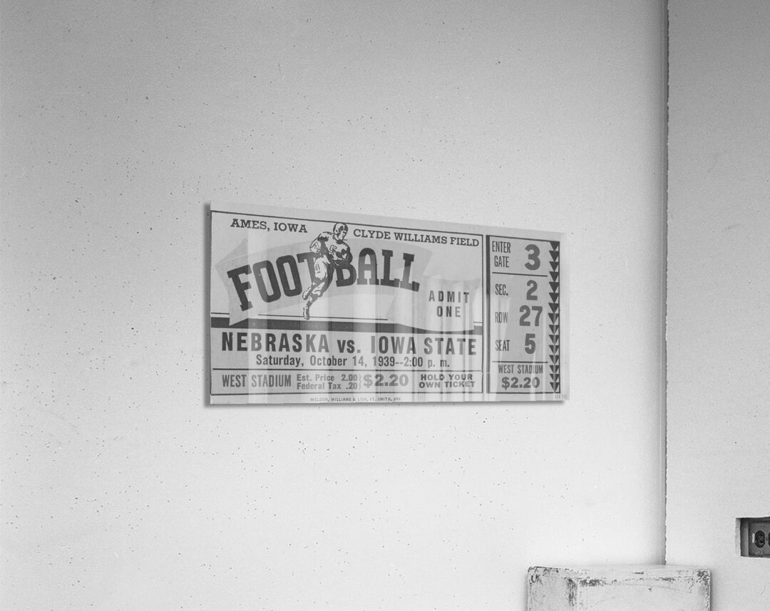 1939 Iowa State vs. Nebraska Black and White Ticket Remix Acrylic Print