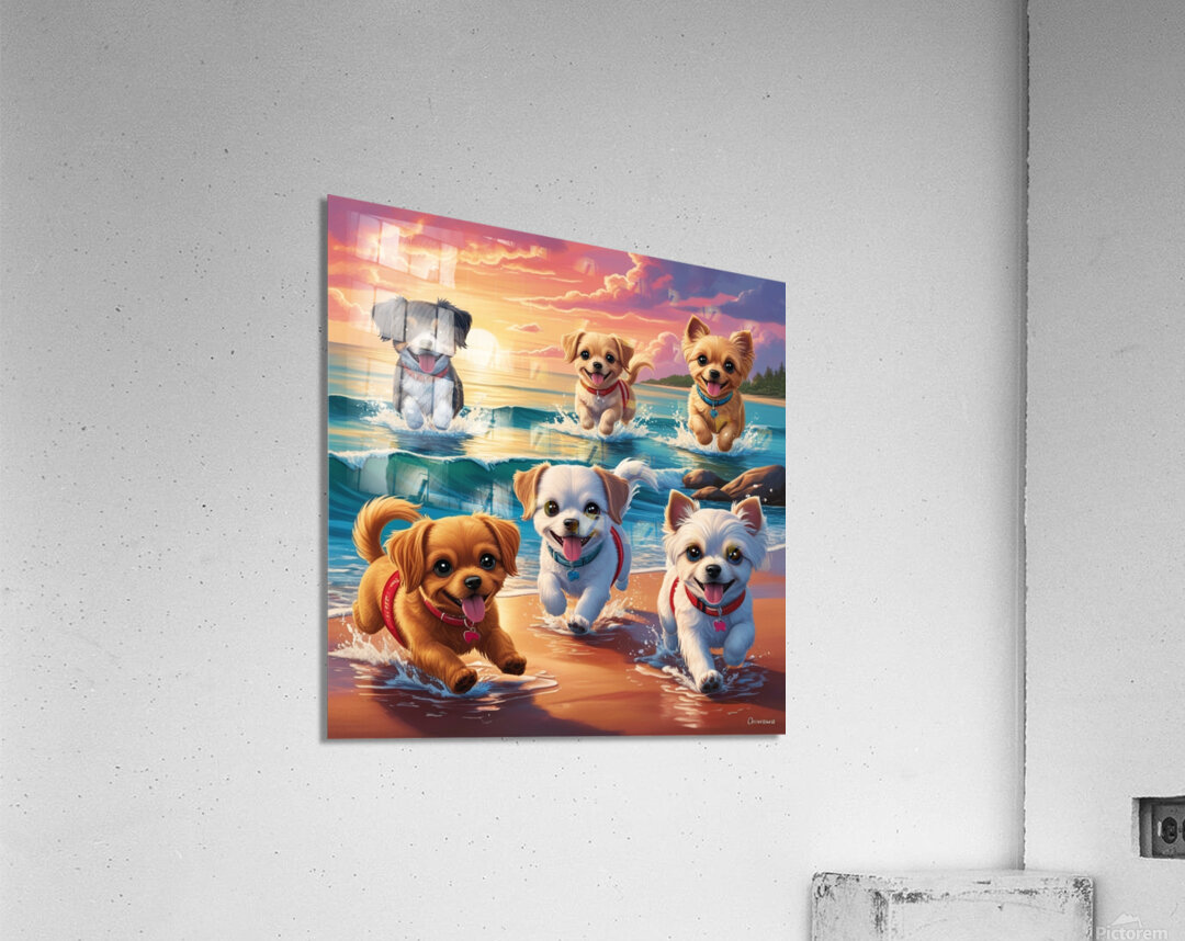 Adorable Puppies Playing at the Beach | Cute Sunset Dog Illustration Acrylic Print