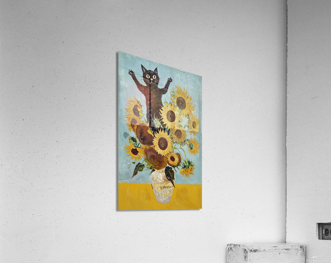 Playful Cat With Sunflowers Inspired By Van Gogh. Acrylic Print