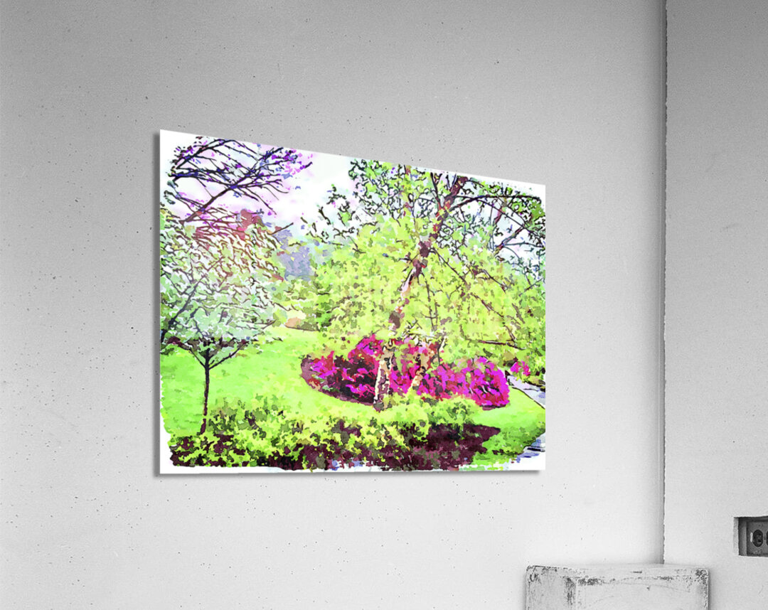 Vibrant watercolor landscape of a lush spring garden Acrylic Print
