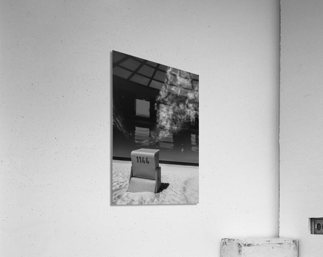Black and white shot of beach chair at the North Sea on the island of Sylt  Acrylic Print