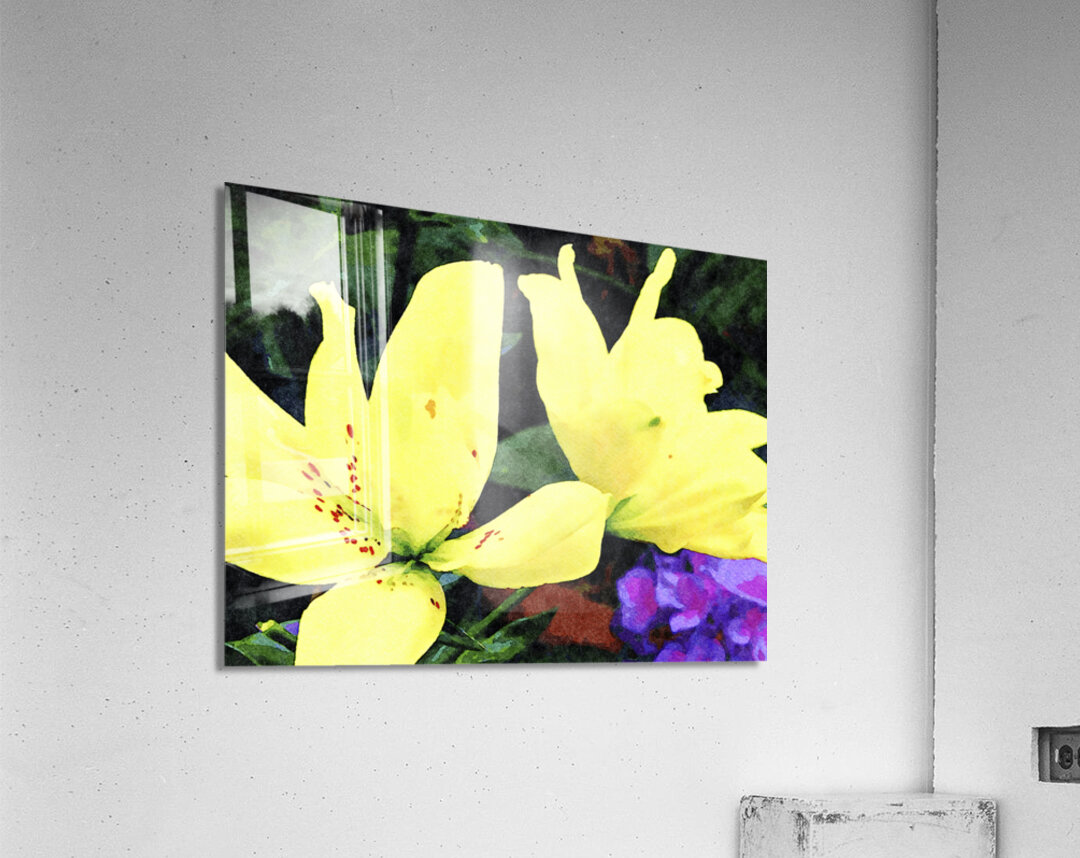 Vibrant yellow lilies in a watercolor style against greenery and yellow blooms Acrylic Print