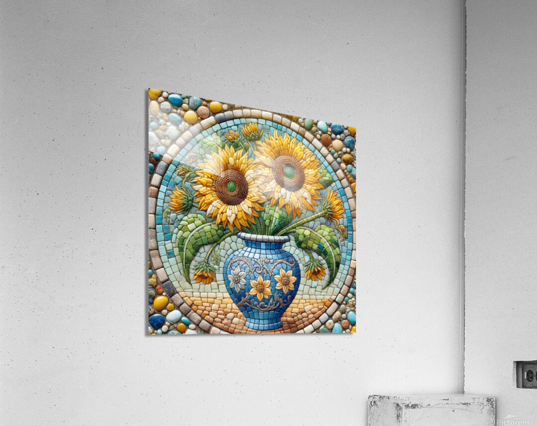 Stunning Mosaic Artwork of Sunflowers in a Decorative Blue Vase Acrylic Print