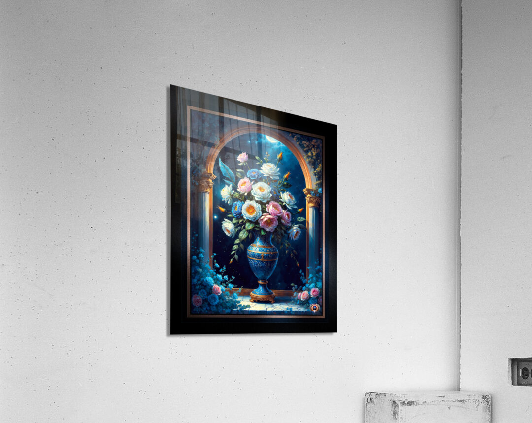 Glorious Floral Bouquet In A Majestic Blue Vase Under A Moonlit Sky Captivating AI Concept Art by Xzendor7 Acrylic Print