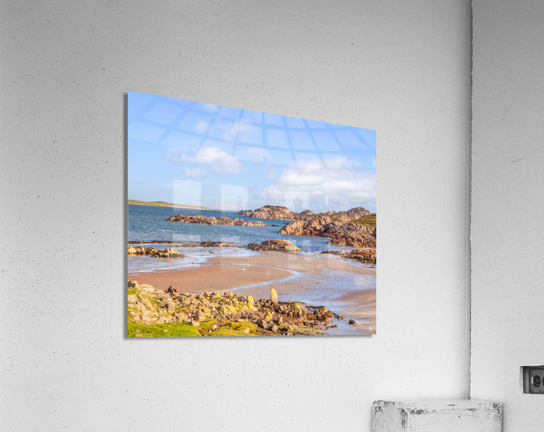 The beach at Fionnphort Mull Scotland with Iona in the background. Fionnphort is the ferry terminal for Iona. Acrylic Print
