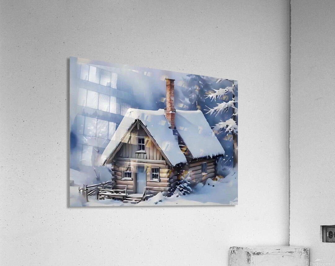 Snowy Cabin in Winter Forest – Cozy Christmas Art Print Acrylic Print