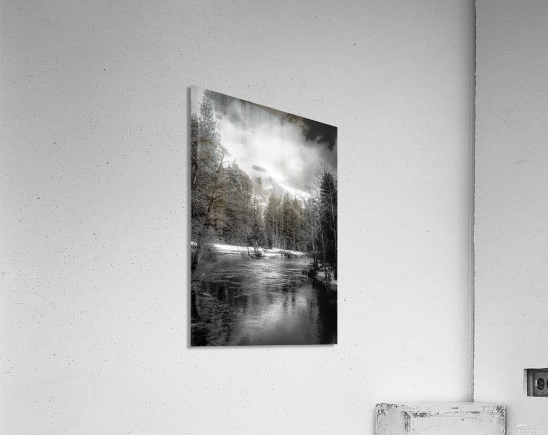 Illuminated  Vertical Yosemite Half Dome in Black and White Acrylic Print