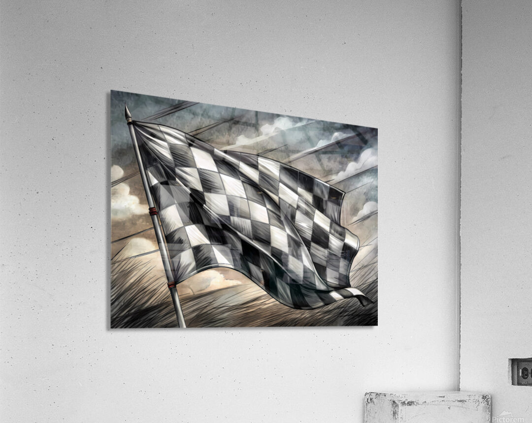 Monochrome Pencil Sketch of a Waving Checkered Racing Flag Acrylic Print