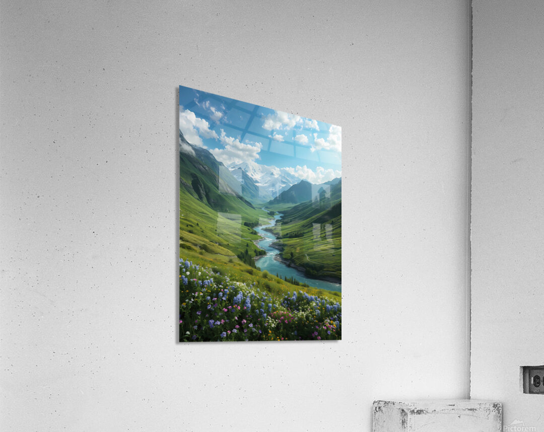 Majestic Mountain Valley with River and Wildflowers – Stunning Nature Landscape Acrylic Print