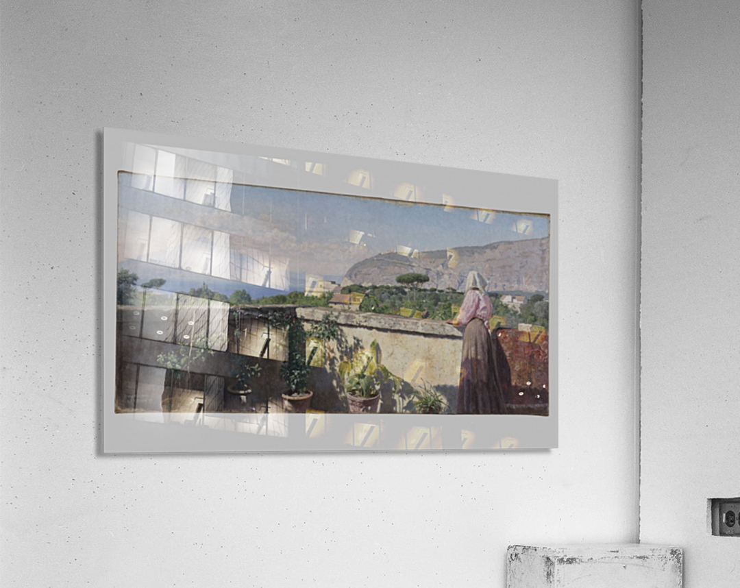 Femme sur la terrasse de l hotel Cocumella Vue sur le Vesuve Acrylic Print