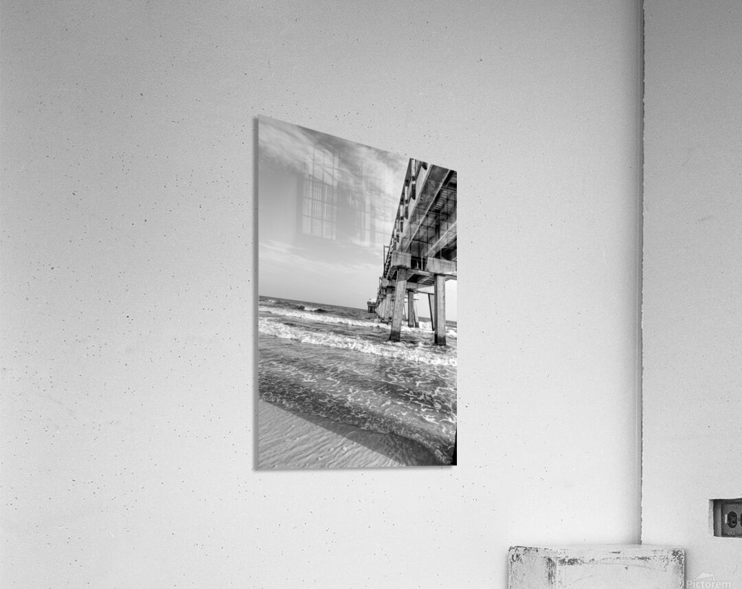 Splashing Waves Beside Gulf Shores Pier Grayscale Acrylic Print