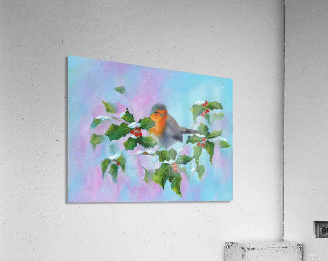 Robin with holly and winterberries acrylic painting Acrylic Print