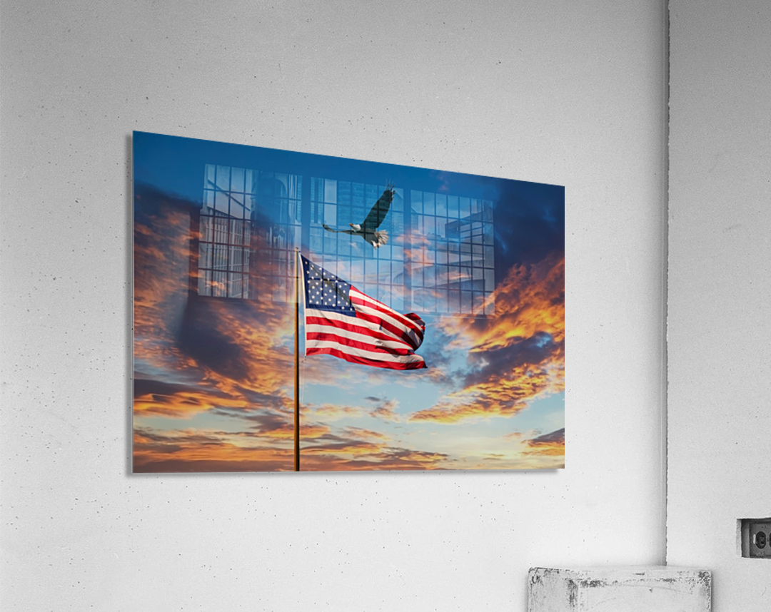 American Flag on Old Flagpole at Sunset with Eagle Acrylic Print