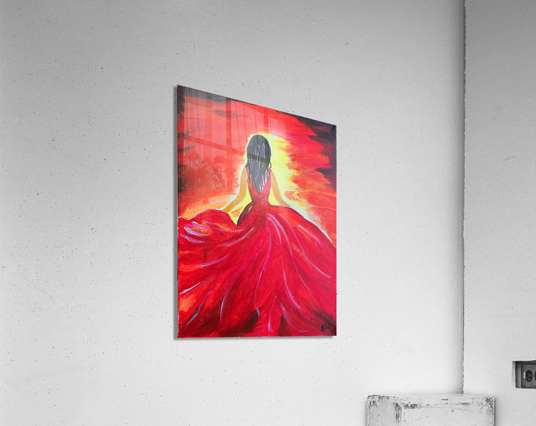 sunset  lady in red dress Acrylic Print