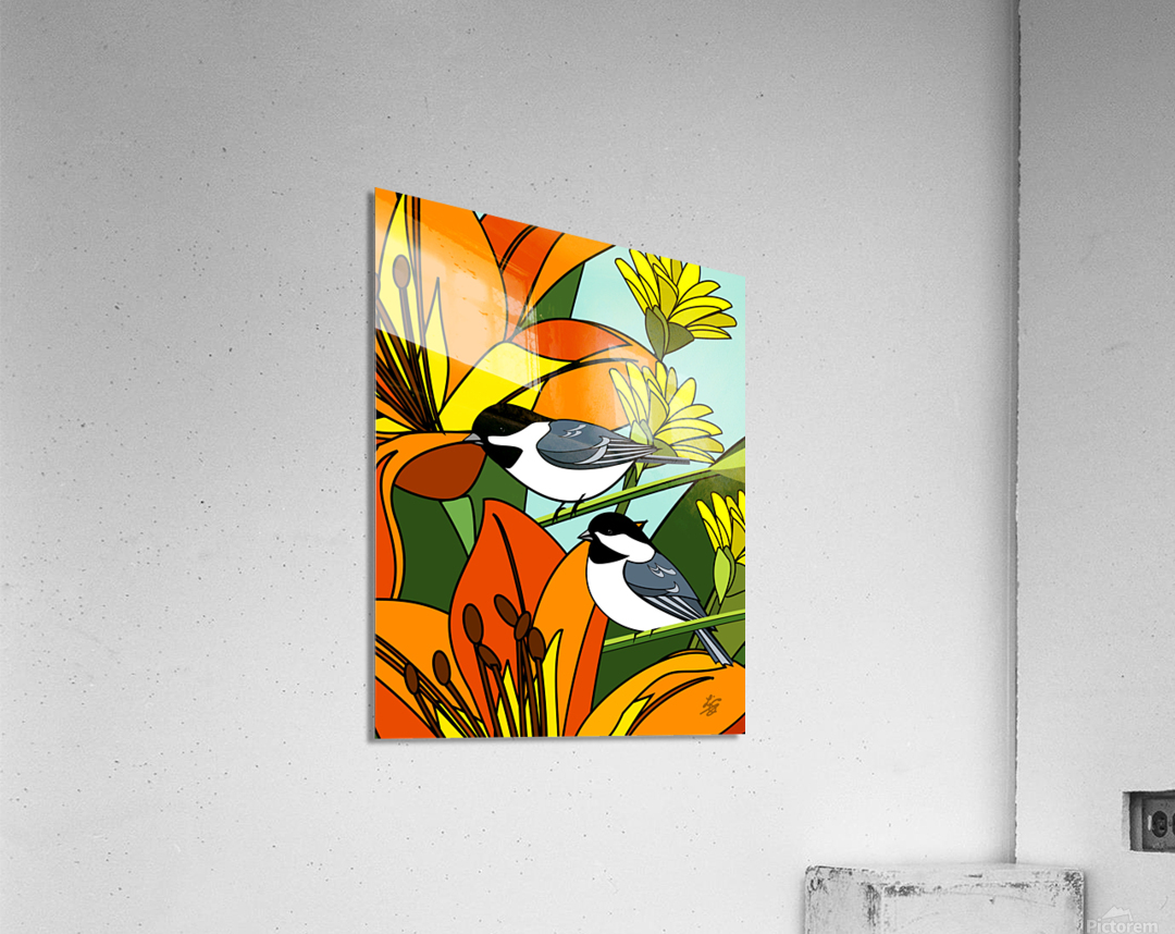 Black Capped chickadees With Orange Lily Flowers Acrylic Print