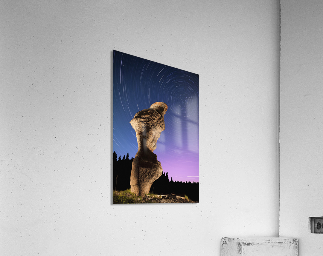 Light painting on monolith and star trails, Anse des Bonnes Femmes at Ile Niapiskau, Mingan Archipelago National Park Reserve of Canada, Cote-Nord, Duplessis region; Quebec, Canada Acrylic Print
