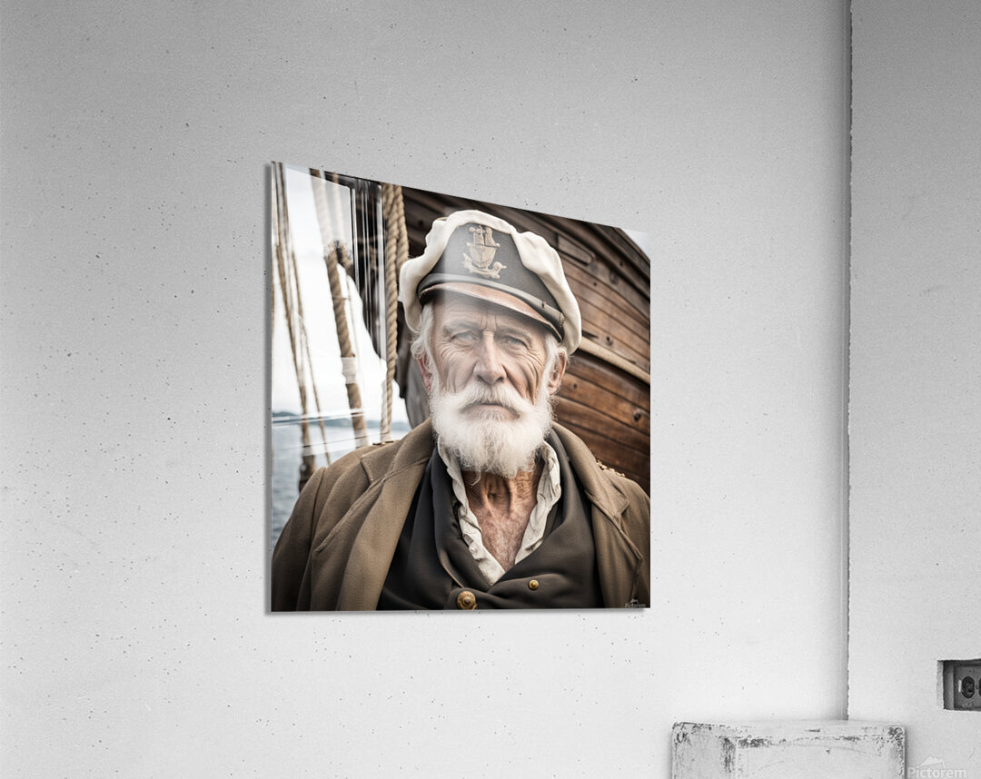 Old sailing ship captain face weathered with old wooden sailing ship in background  Acrylic Print