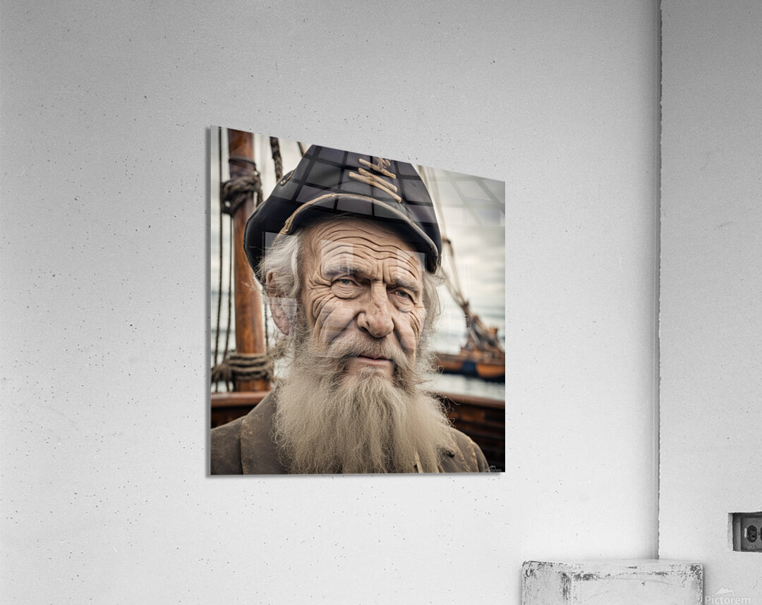 Old sailing ship captain face weathered with old wooden sailing ship in background  Acrylic Print