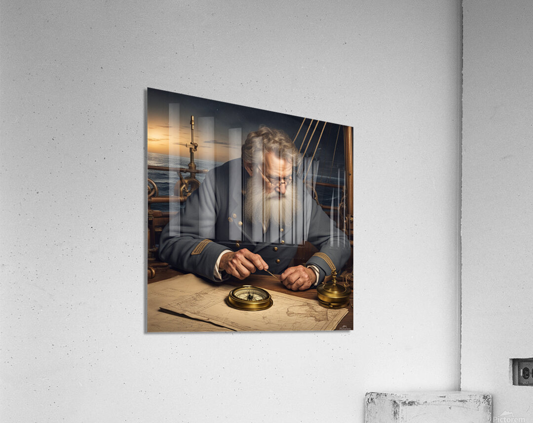 Old sailing ship captain looking at his old brass compass night time with ruff ocean behind him Acrylic Print