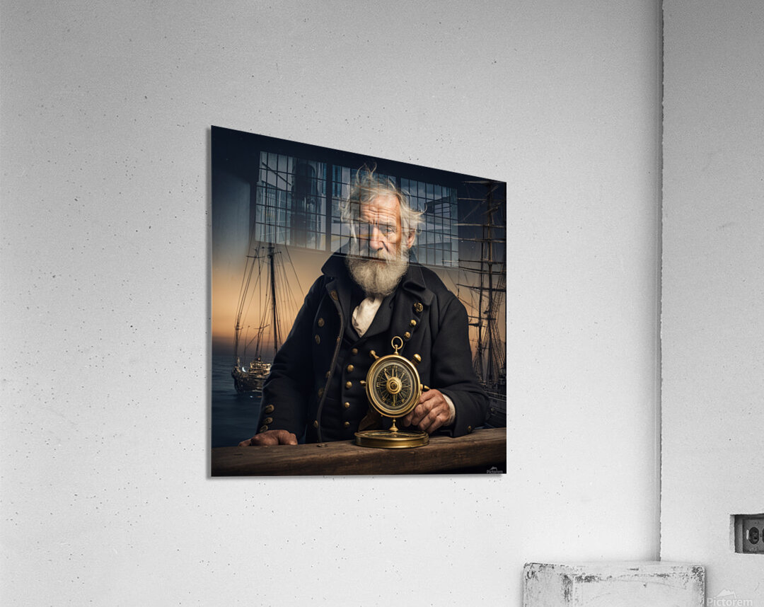 Old sailing ship captain weathered face looking at his old brass compass night time with ruff sea behind him Acrylic Print