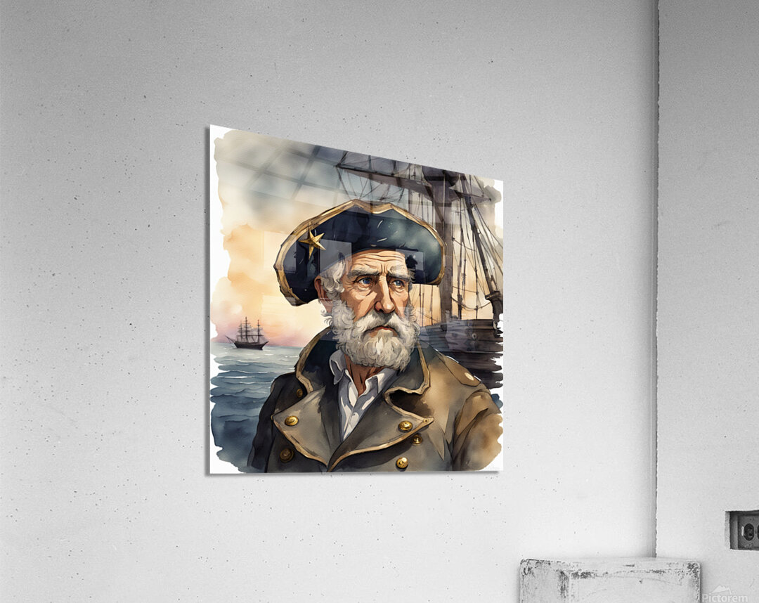 Old sailing ship captain weathered face looking at his old brass compass night time with ruff sea behind him Watercolor style Acrylic Print