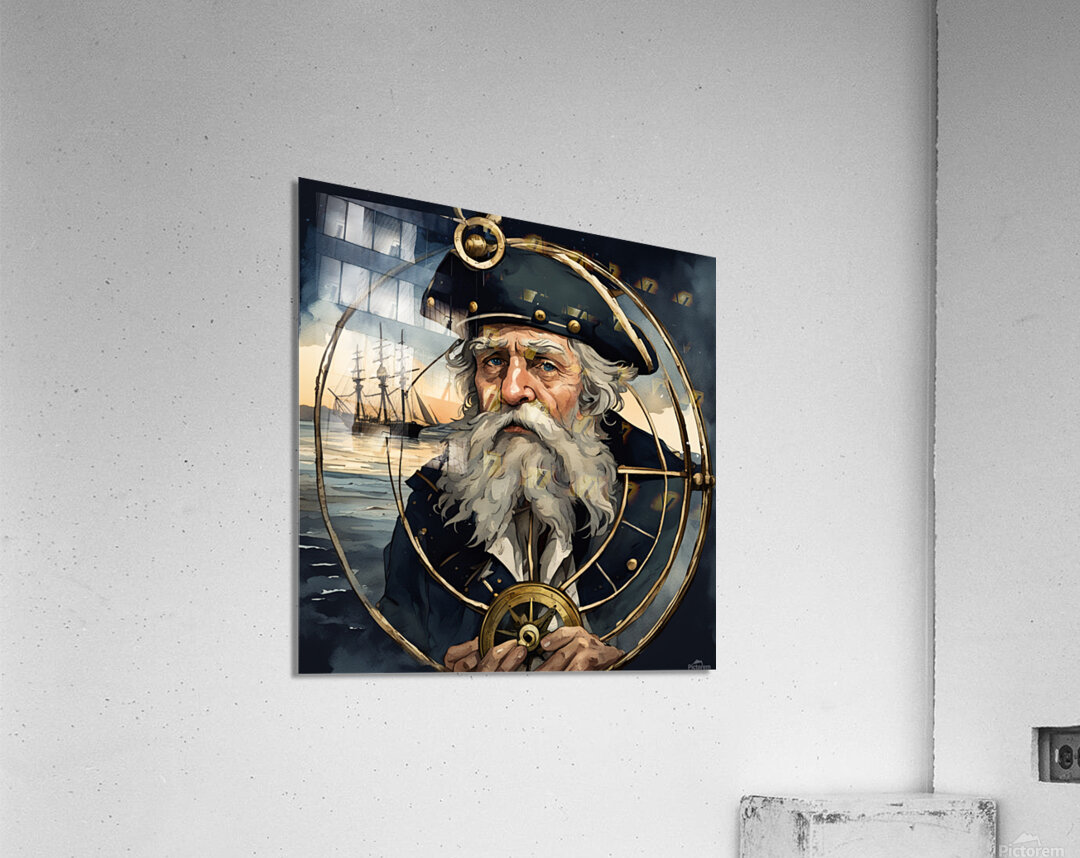 Old sailing ship captain weathered face looking at his old brass compass night time with ruff sea behind him Watercolor style Acrylic Print