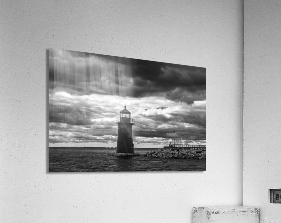Dark Clouds Around the Black Tower of Tongue Point Light in Bridgeport Connecticut -B&W Acrylic Print
