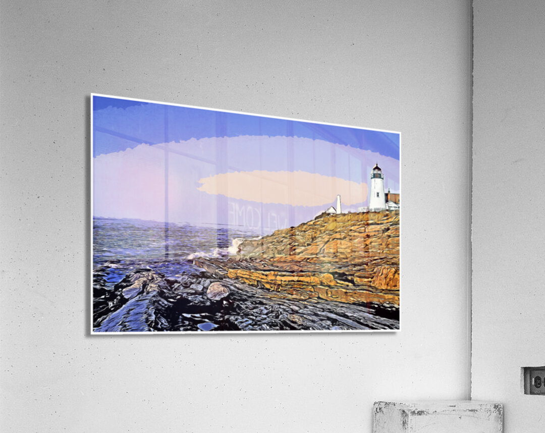 Early Dawn Surrounds Pemaquid Point Lighthouse Over Rocky Cliffs in Maine - Illus. Acrylic Print
