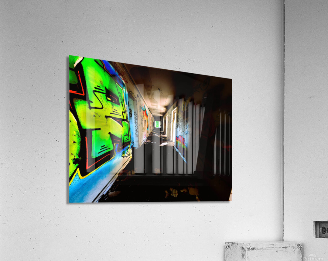Glowing Grafiti On Decaying Hallway Of Abandoned Luxury Hotel Acrylic Print